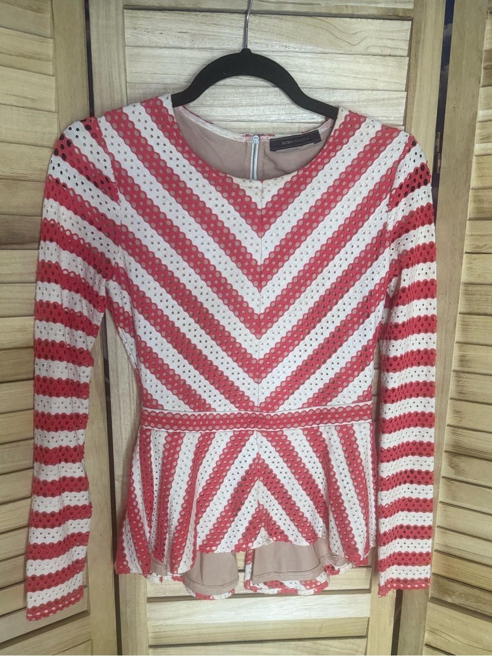 BCBG Striped Red & White Peplum Knit Top